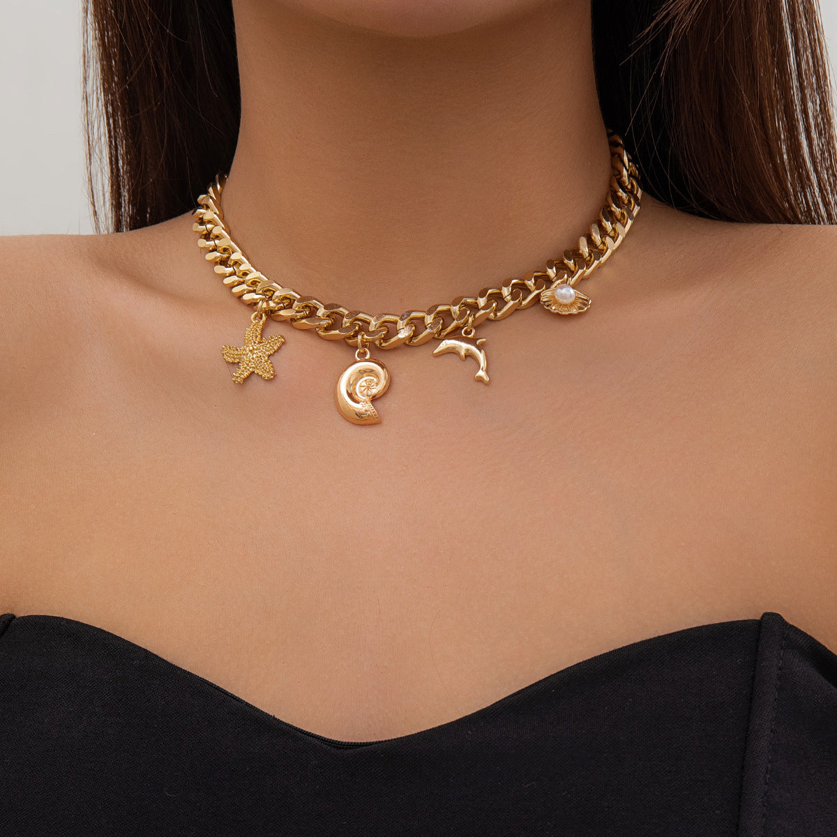 Creative Boho Conch Dolphin Starfish Pendant Choker Necklace Bracelets Women Chain Grunge Jewelry