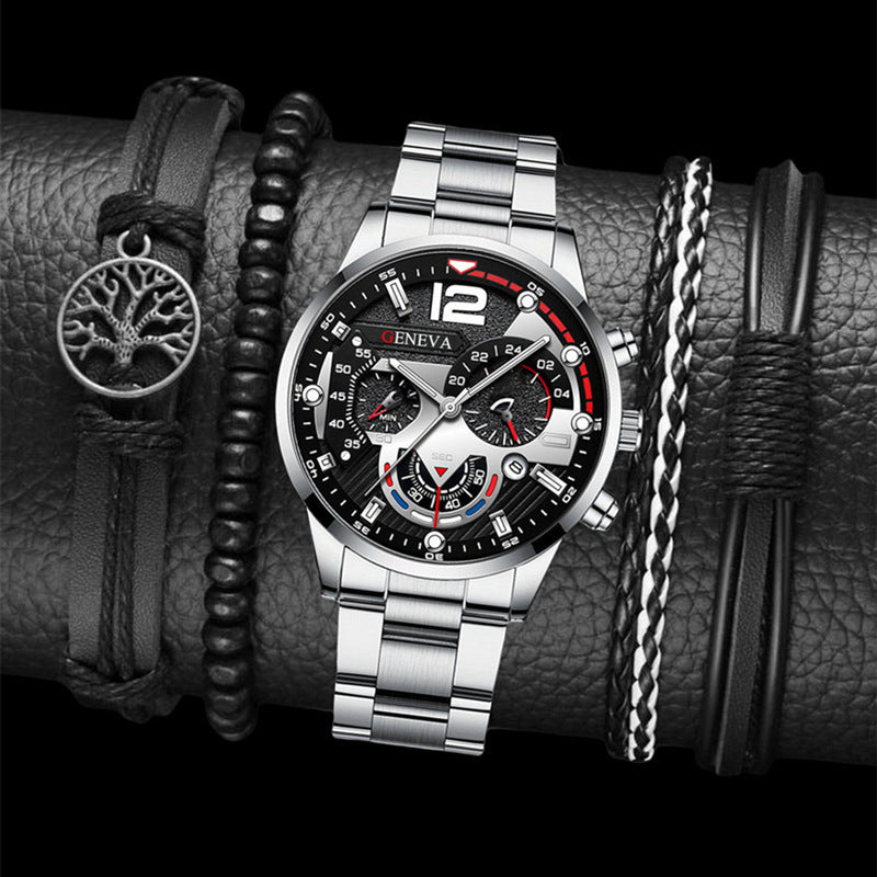 2pcs Men's New Popular Steel Strip Fashion Business Three Eye Quartz Watch Bracelet Set