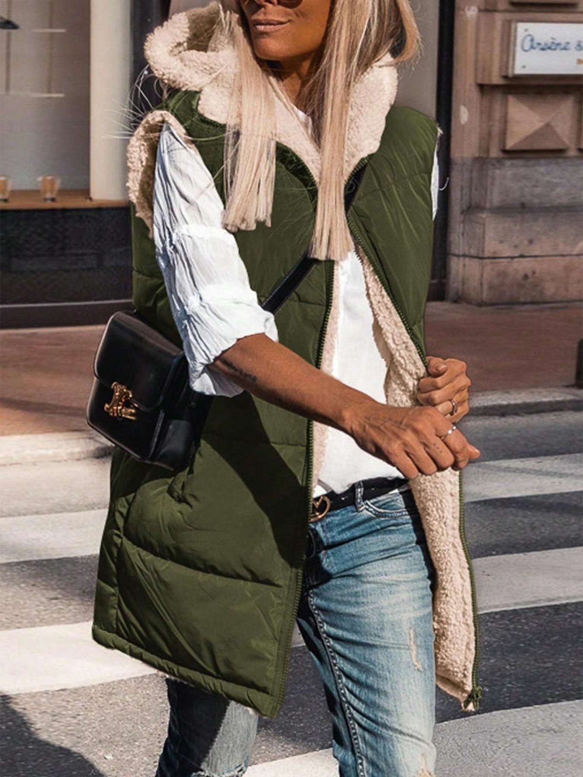 Women's Fall Reversible Vest Sleeveless Wool Jacket Zipper Hoodie Pocket Long Warm Coat
