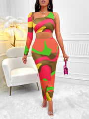 Women's Clothing Print Asymmetric One-shoulder Skirt Suit