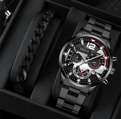 2pcs Men's New Popular Steel Strip Fashion Business Three Eye Quartz Watch Bracelet Set