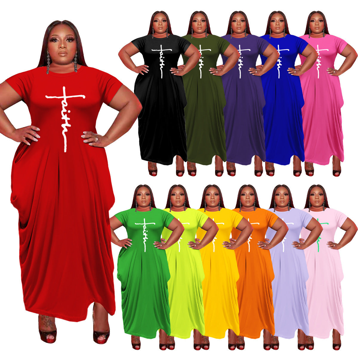 European And American Solid Color Round Neck Short Sleeves Irregular Hem Women's Dress