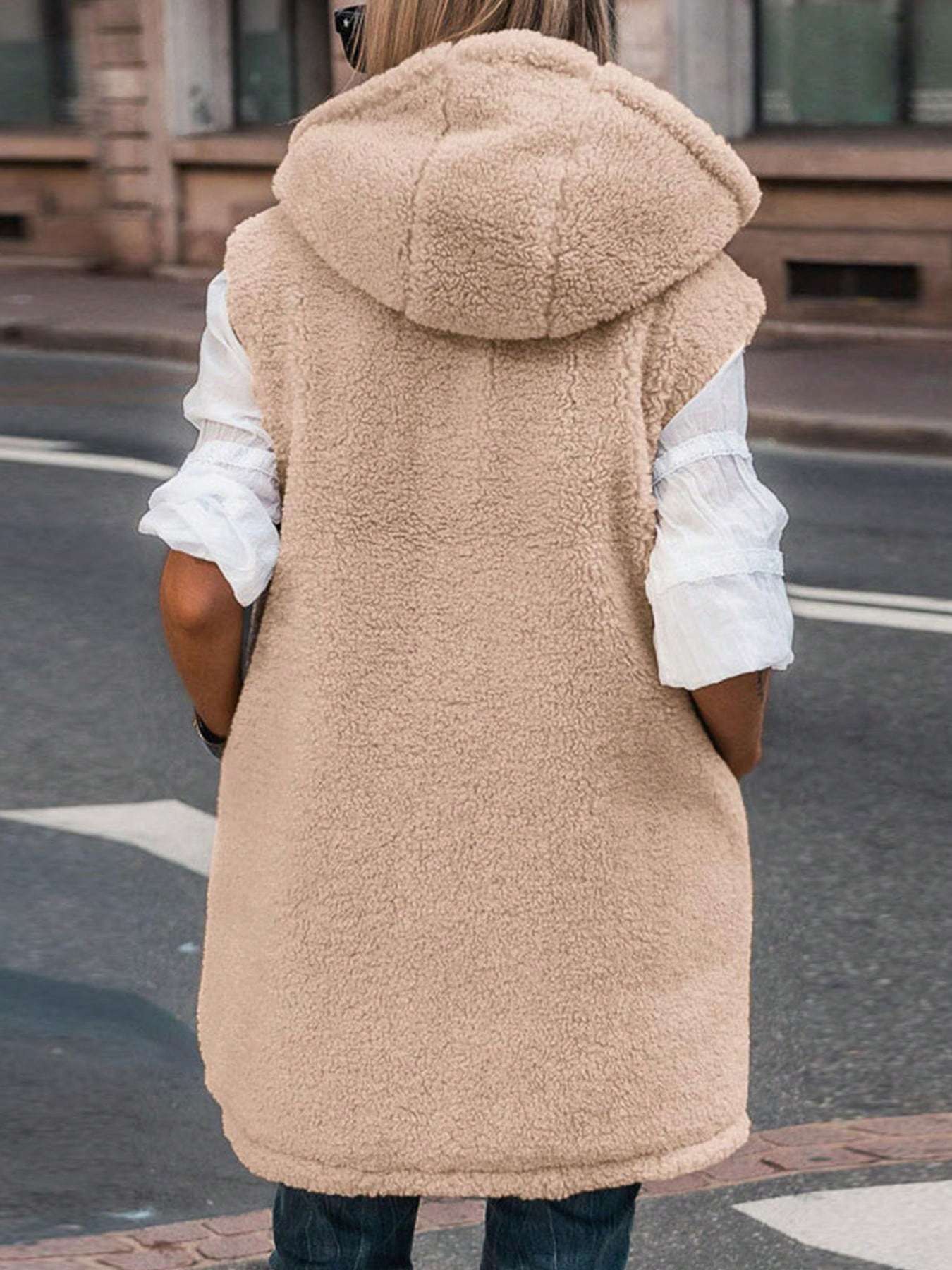 Women's Fall Reversible Vest Sleeveless Wool Jacket Zipper Hoodie Pocket Long Warm Coat