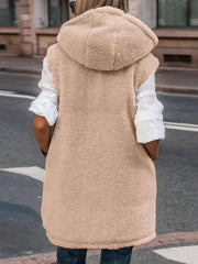 Women's Fall Reversible Vest Sleeveless Wool Jacket Zipper Hoodie Pocket Long Warm Coat