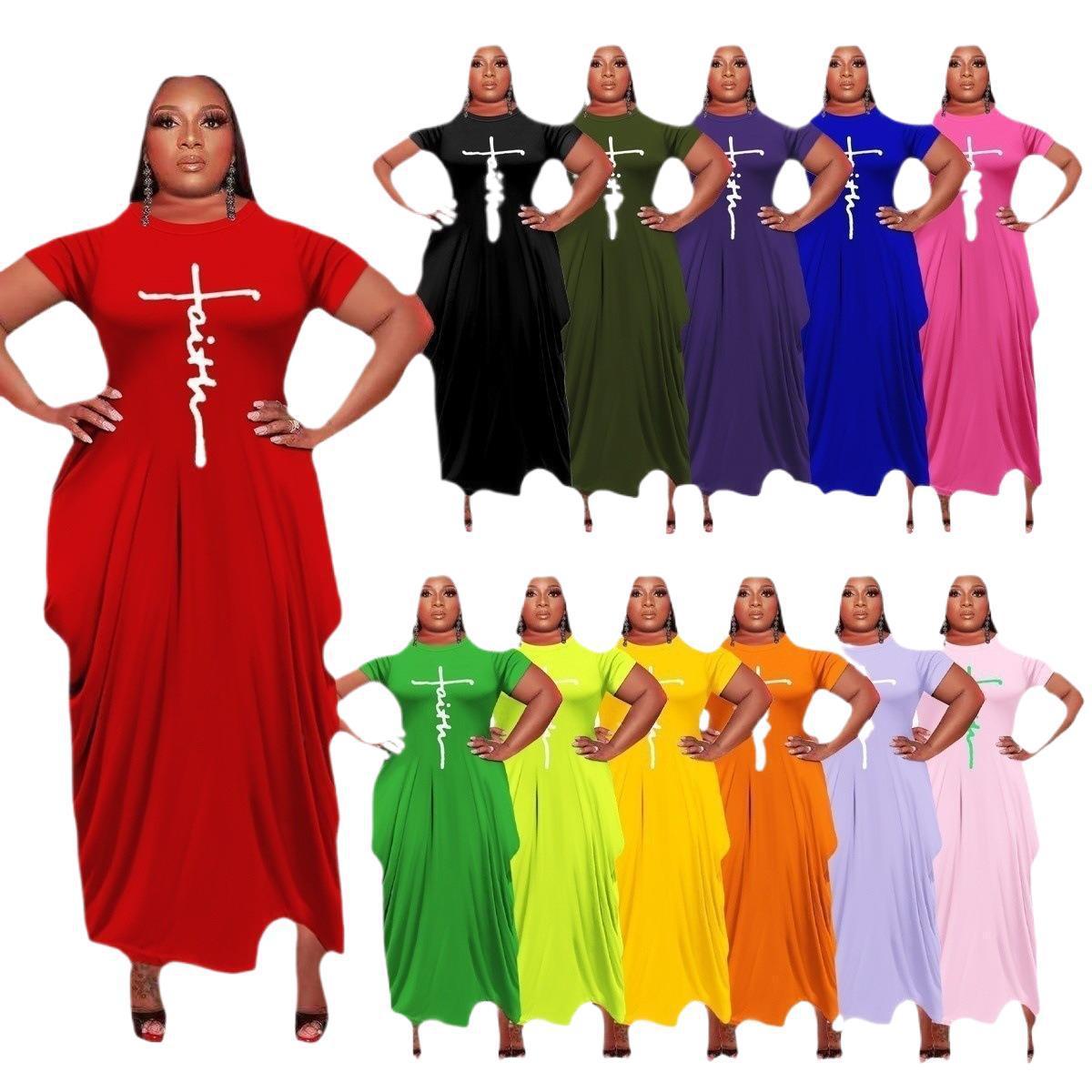 European And American Solid Color Round Neck Short Sleeves Irregular Hem Women's Dress