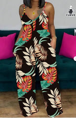 Plus Size Botanical Print Pocketed Straight Jumpsuit