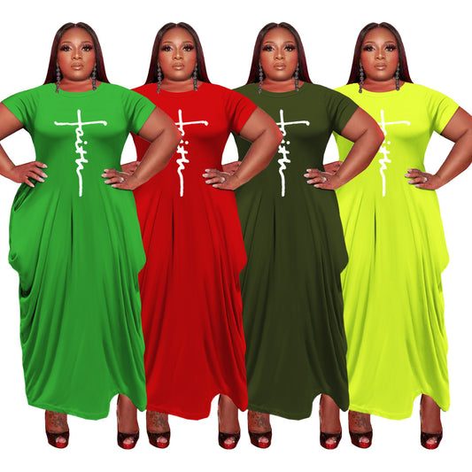 European And American Solid Color Round Neck Short Sleeves Irregular Hem Women's Dress
