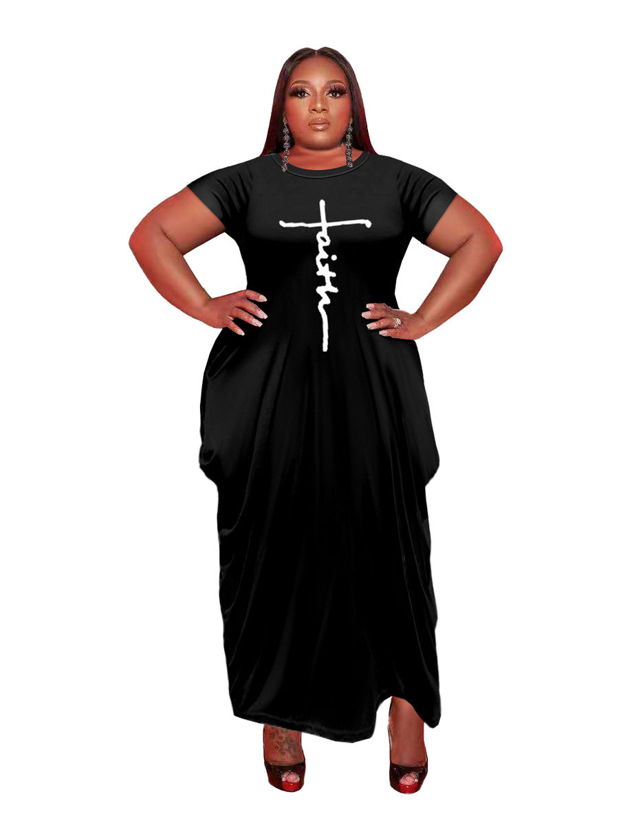 European And American Solid Color Round Neck Short Sleeves Irregular Hem Women's Dress