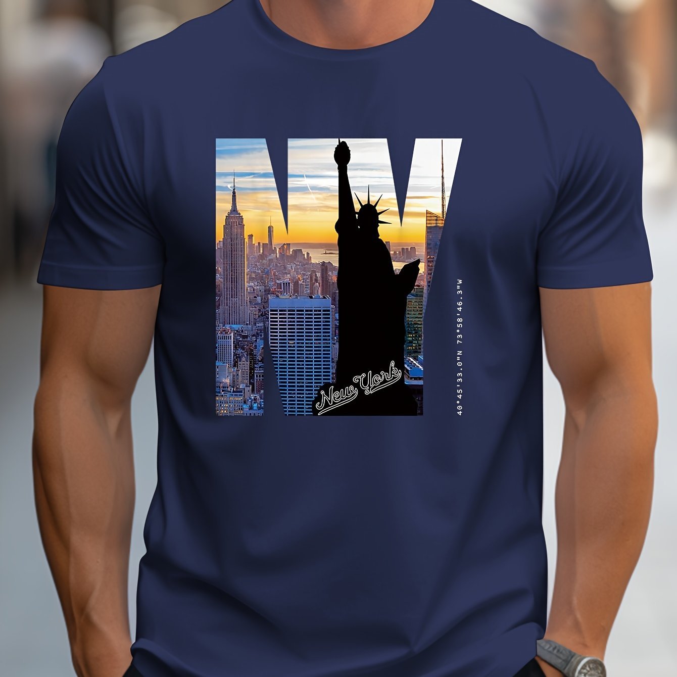 NY Pattern Printed Men's Creative Top, Casual Short Sleeved Round Neck T-shirt