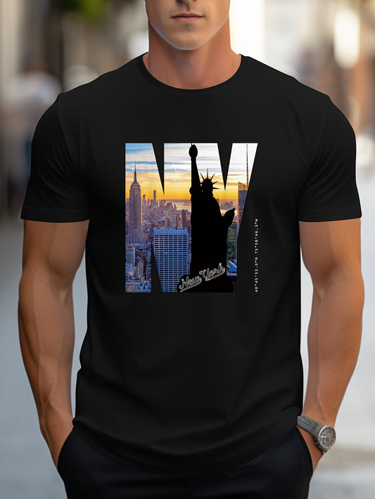 NY Pattern Printed Men's Creative Top, Casual Short Sleeved Round Neck T-shirt