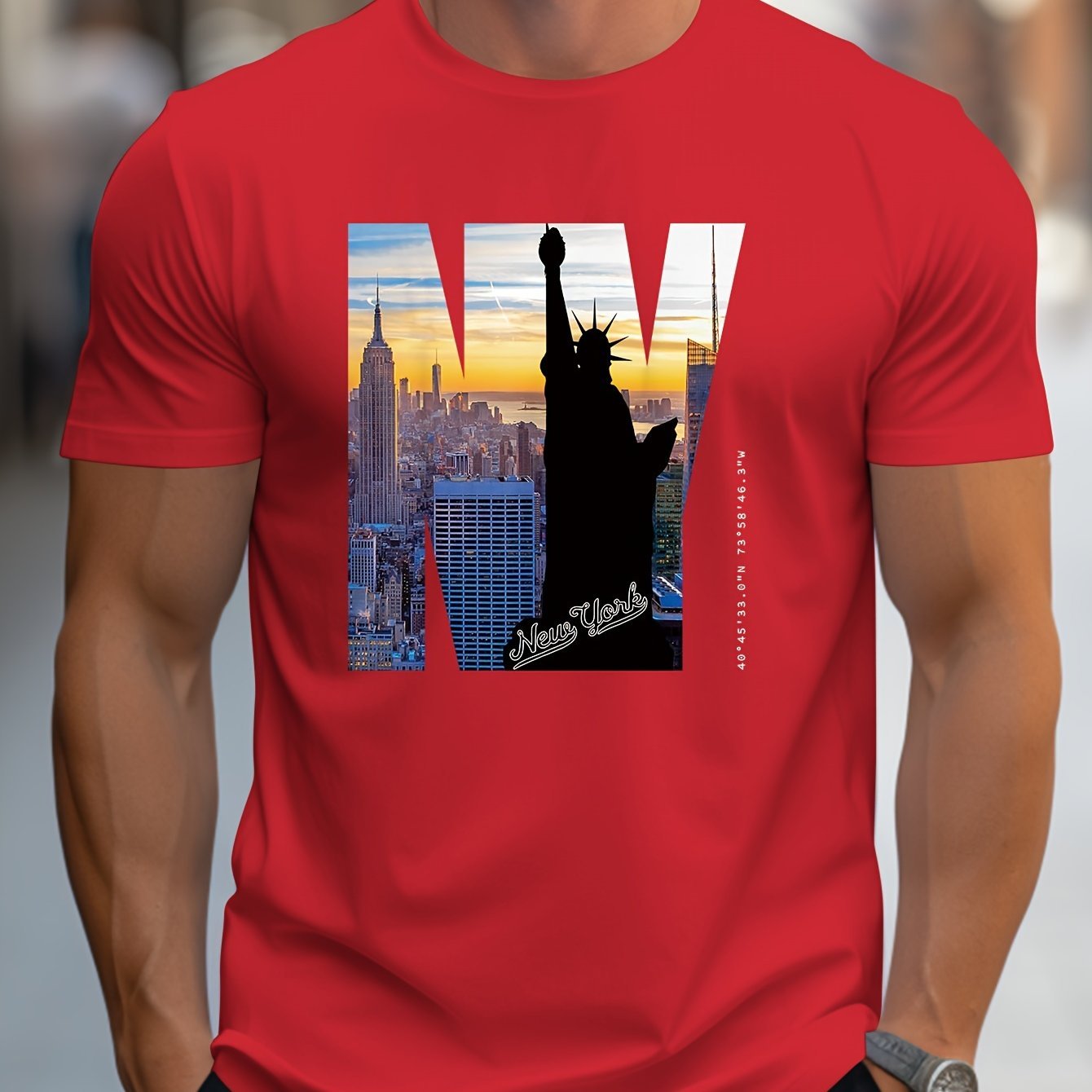 NY Pattern Printed Men's Creative Top, Casual Short Sleeved Round Neck T-shirt