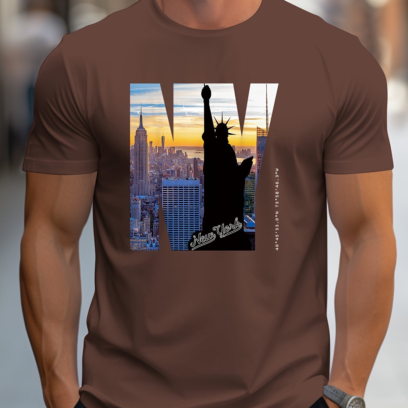 NY Pattern Printed Men's Creative Top, Casual Short Sleeved Round Neck T-shirt