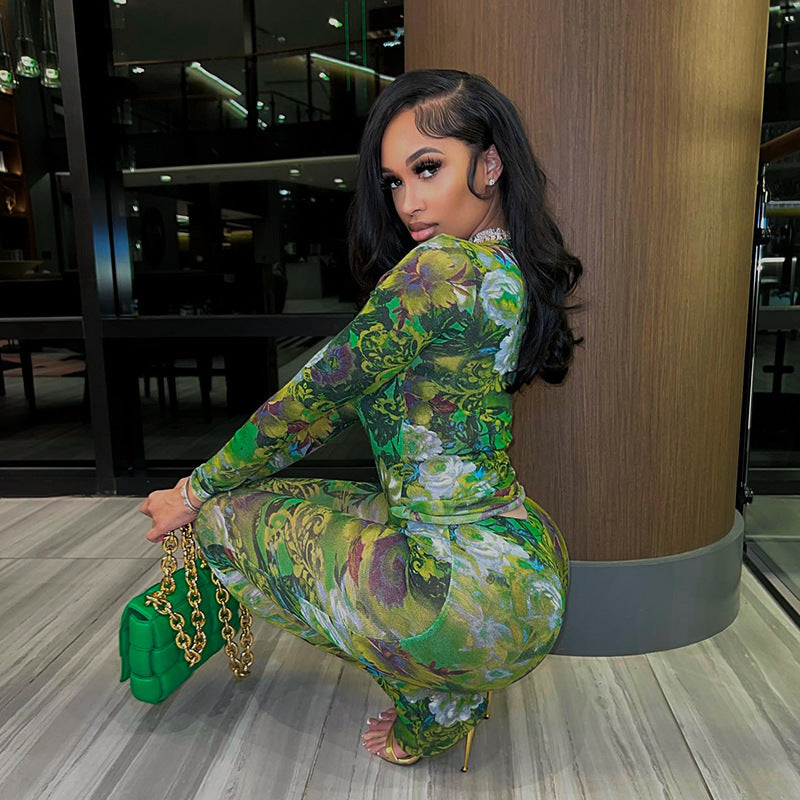 Mesh Printed Tight Top and Trousers Casual Jumpsuit