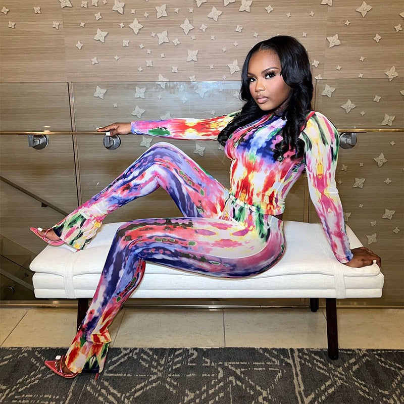Mesh Printed Tight Top and Trousers Casual Jumpsuit