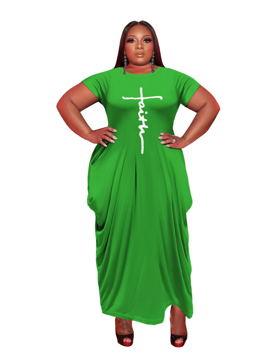 European And American Solid Color Round Neck Short Sleeves Irregular Hem Women's Dress