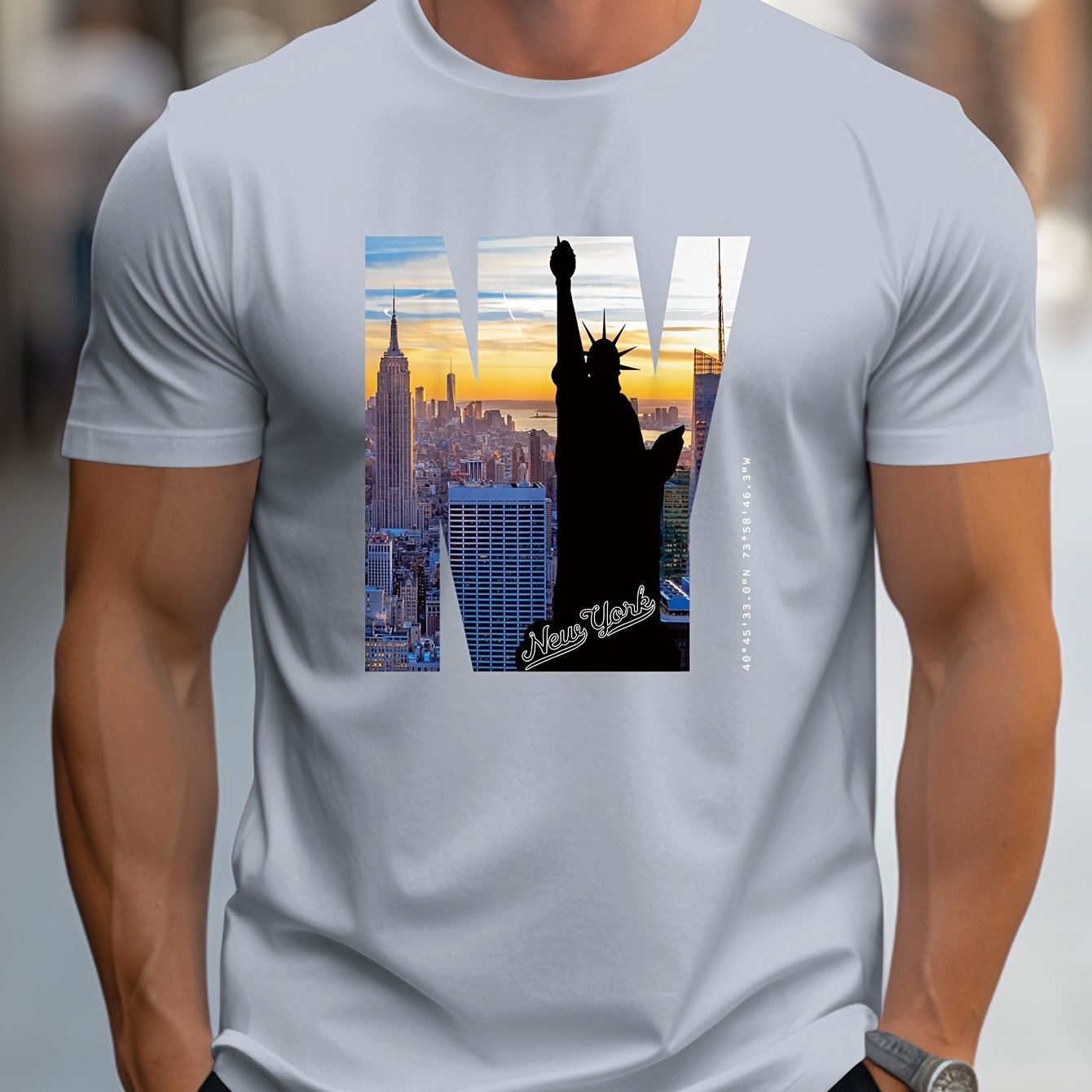 NY Pattern Printed Men's Creative Top, Casual Short Sleeved Round Neck T-shirt