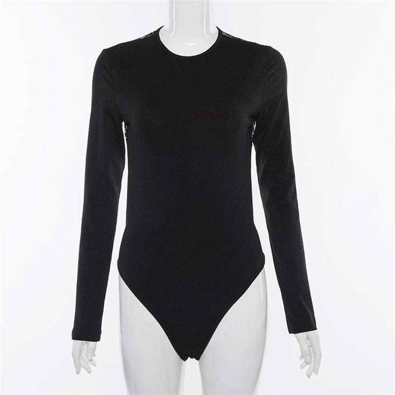 Open-back lace stitching long-sleeved jumpsuit