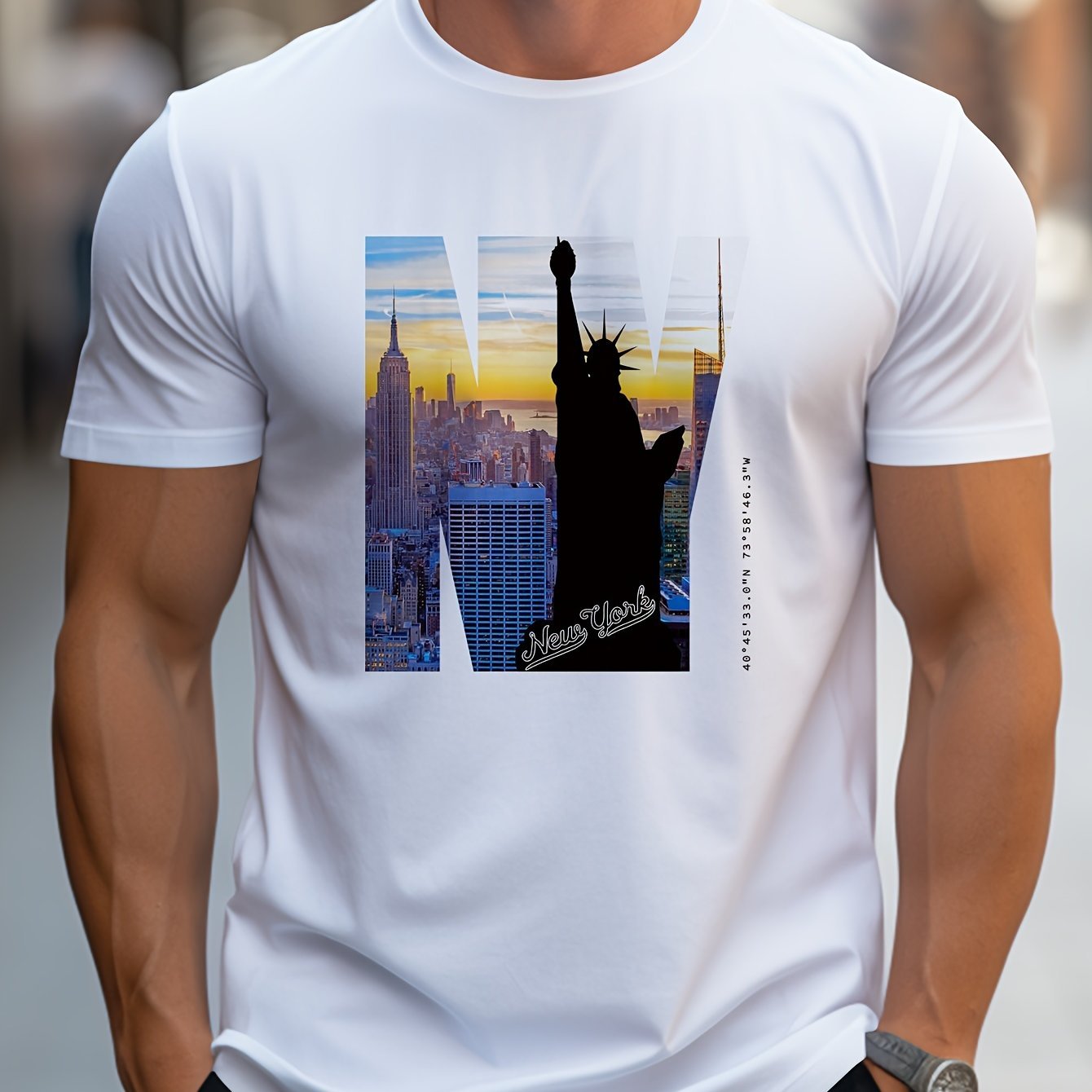 NY Pattern Printed Men's Creative Top, Casual Short Sleeved Round Neck T-shirt