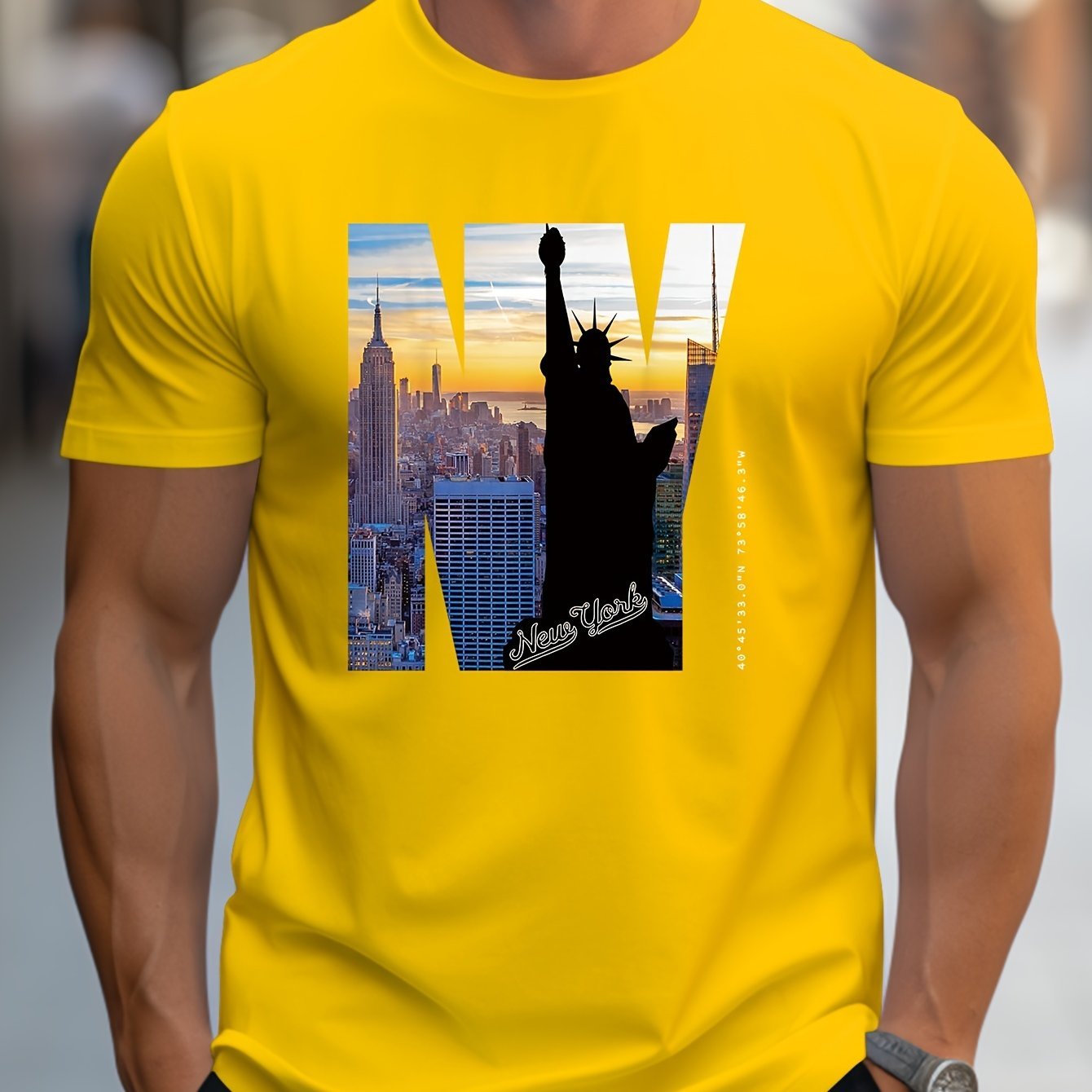 NY Pattern Printed Men's Creative Top, Casual Short Sleeved Round Neck T-shirt