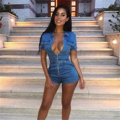 V zipper belt pocket slim denim jumpsuit