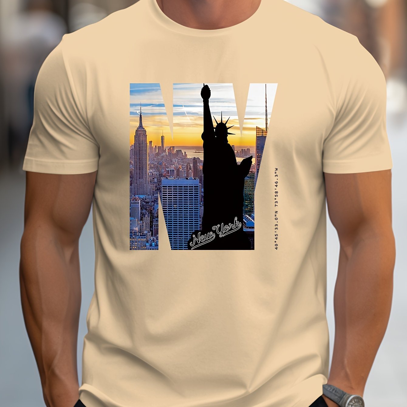 NY Pattern Printed Men's Creative Top, Casual Short Sleeved Round Neck T-shirt