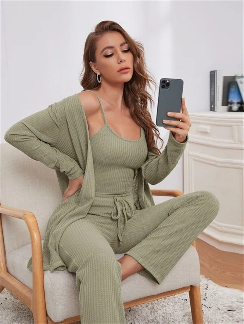 Home Wear Waffle Knitted Top and Trousers Robe Pajamas Three-piece Suit