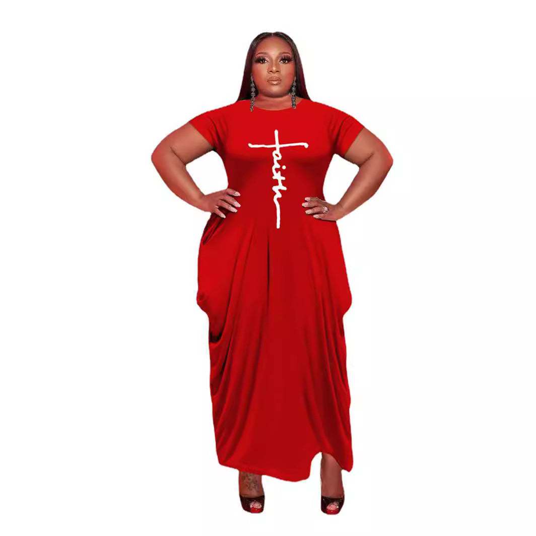 European And American Solid Color Round Neck Short Sleeves Irregular Hem Women's Dress