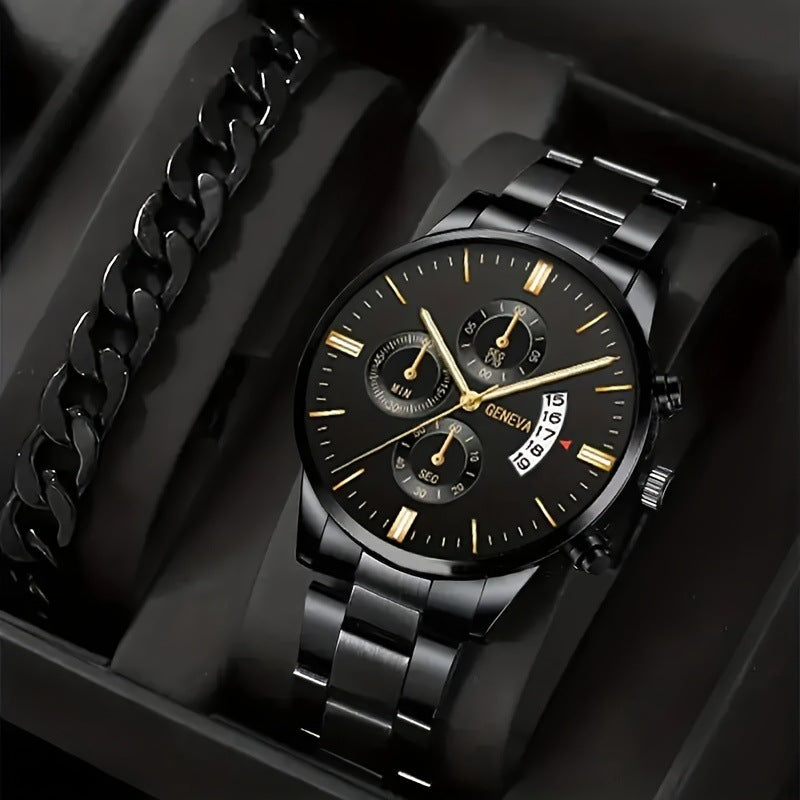 2pcs Men's New Popular Steel Strip Fashion Business Three Eye Quartz Watch Bracelet Set