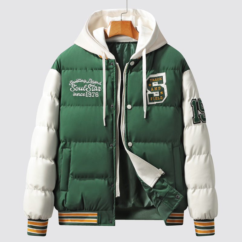 Men's Korean-style Slim-fit Green Hooded Thickened Thermal Coat