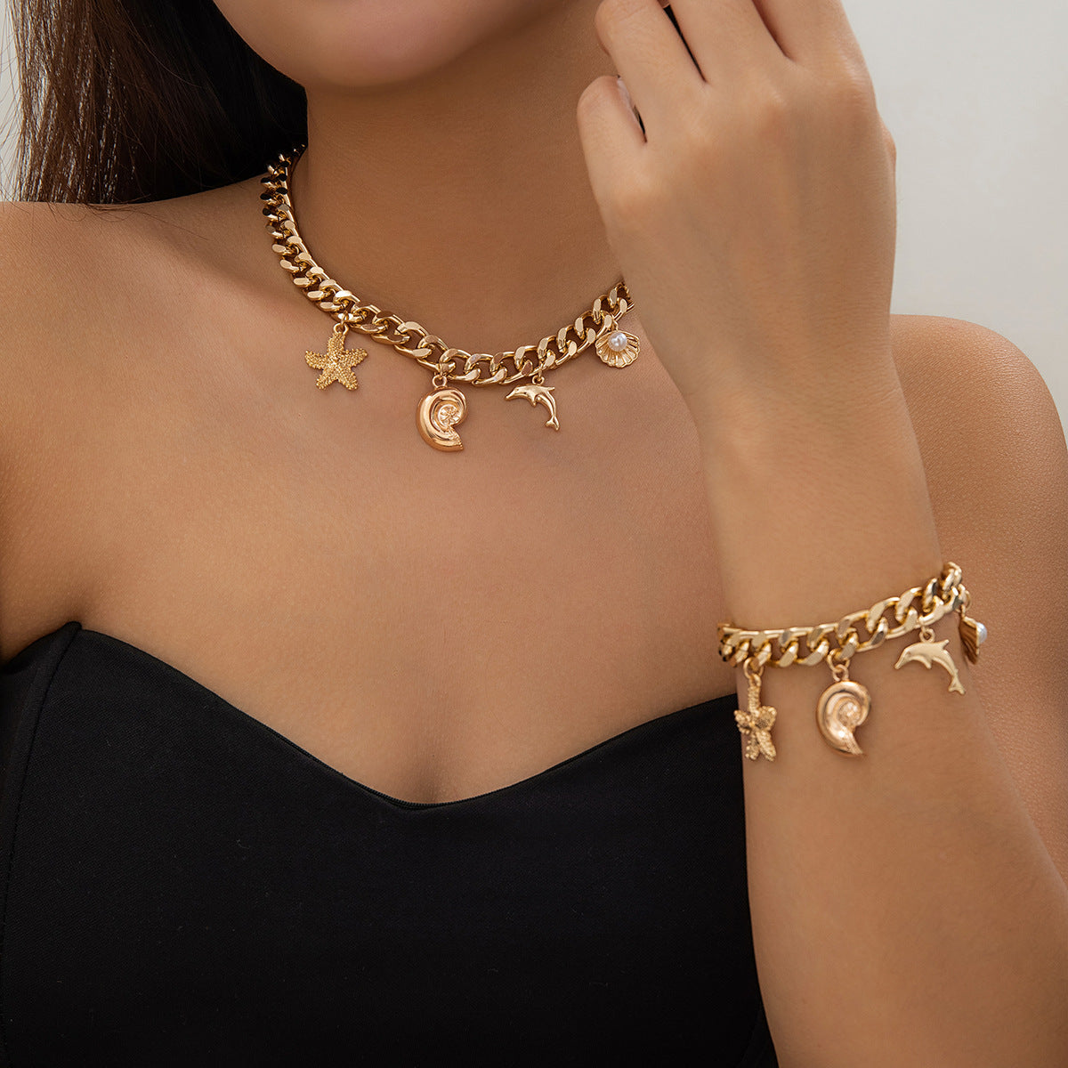 Creative Boho Conch Dolphin Starfish Pendant Choker Necklace Bracelets Women Chain Grunge Jewelry