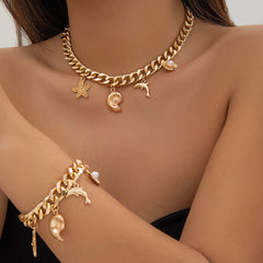 Creative Boho Conch Dolphin Starfish Pendant Choker Necklace Bracelets Women Chain Grunge Jewelry