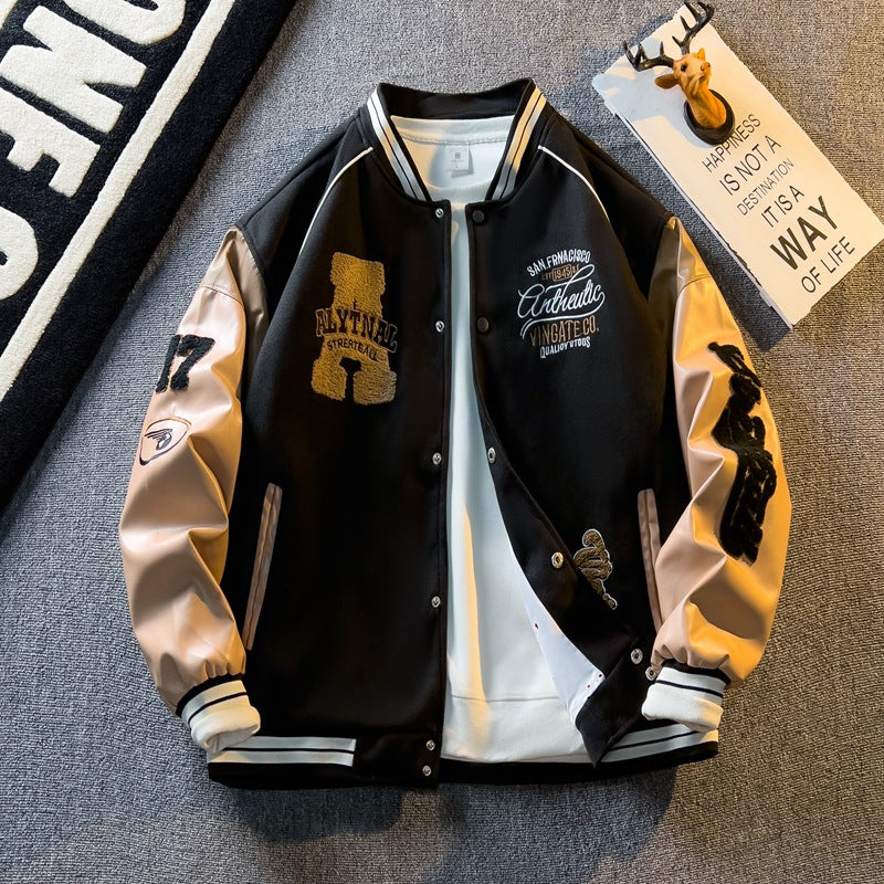 Contrast Color Leather Sleeve Coat