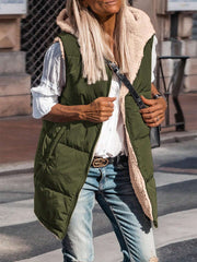 Women's Fall Reversible Vest Sleeveless Wool Jacket Zipper Hoodie Pocket Long Warm Coat
