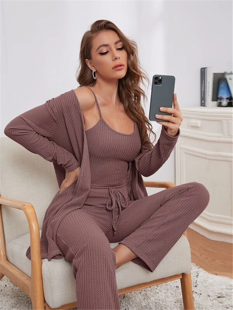 Home Wear Waffle Knitted Top and Trousers Robe Pajamas Three-piece Suit