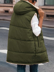Women's Fall Reversible Vest Sleeveless Wool Jacket Zipper Hoodie Pocket Long Warm Coat