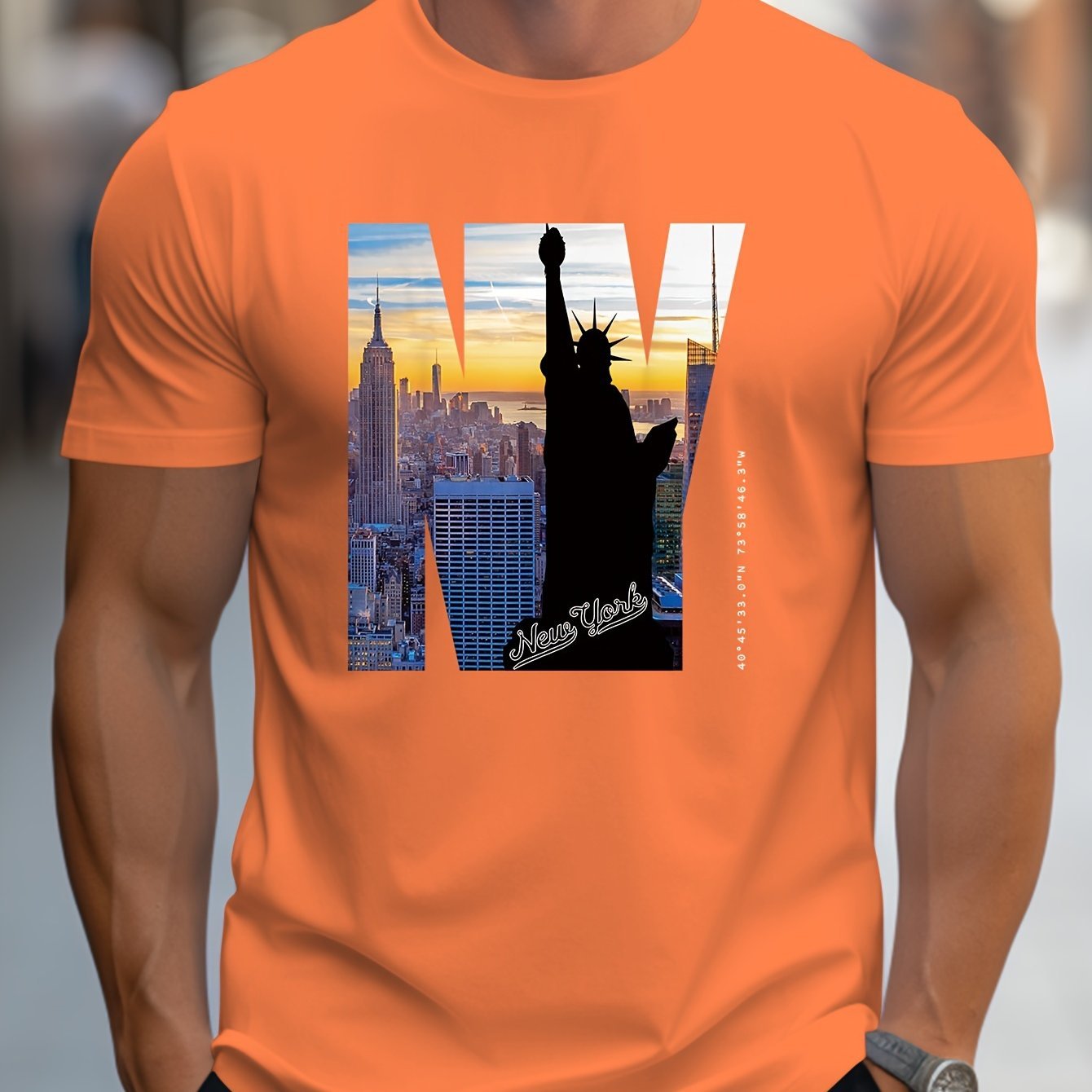 NY Pattern Printed Men's Creative Top, Casual Short Sleeved Round Neck T-shirt