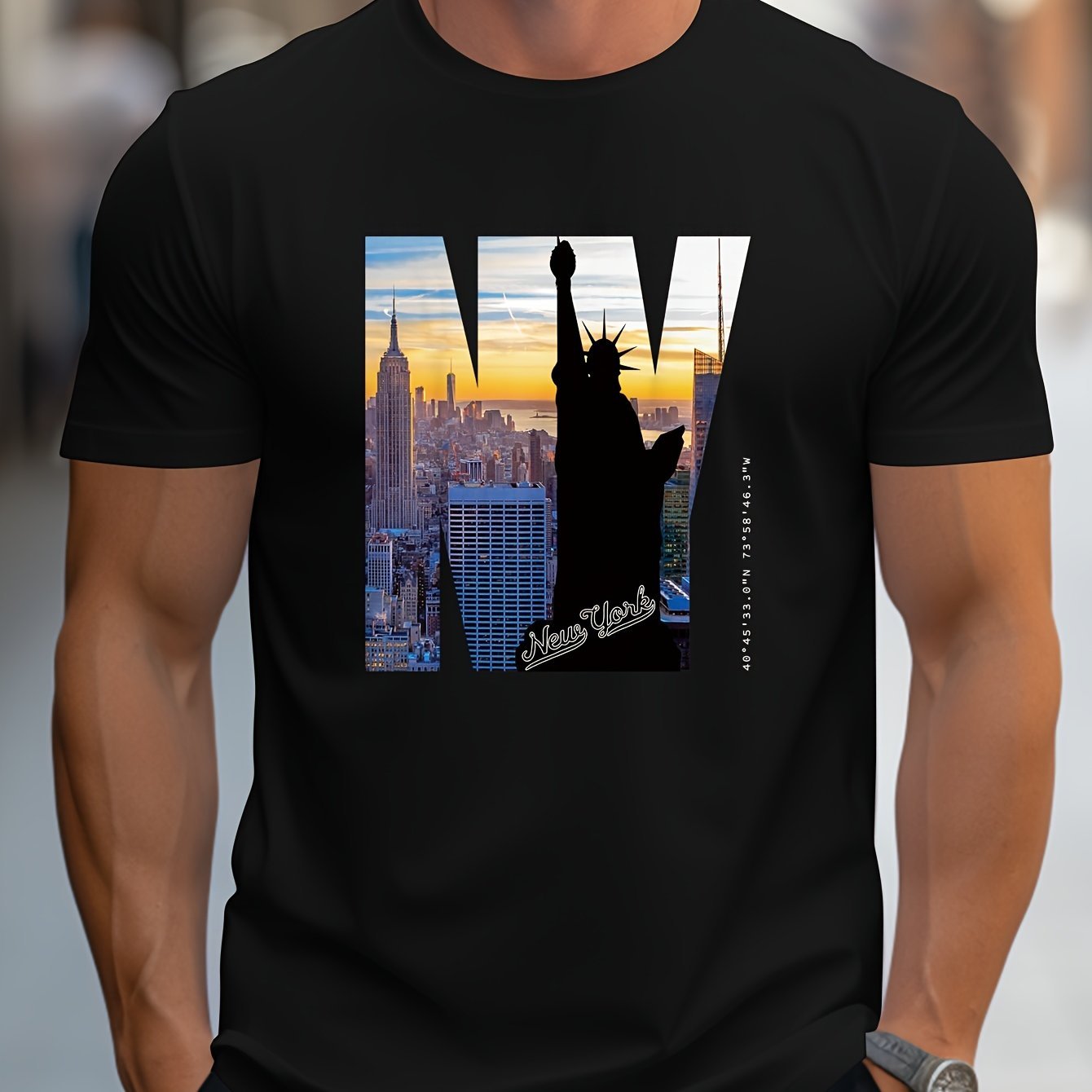 NY Pattern Printed Men's Creative Top, Casual Short Sleeved Round Neck T-shirt