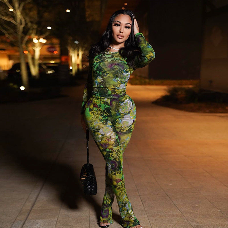 Mesh Printed Tight Top and Trousers Casual Jumpsuit
