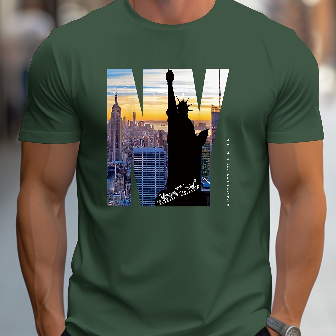 NY Pattern Printed Men's Creative Top, Casual Short Sleeved Round Neck T-shirt