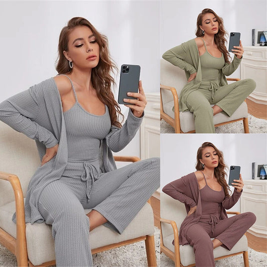 Home Wear Waffle Knitted Top and Trousers Robe Pajamas Three-piece Suit