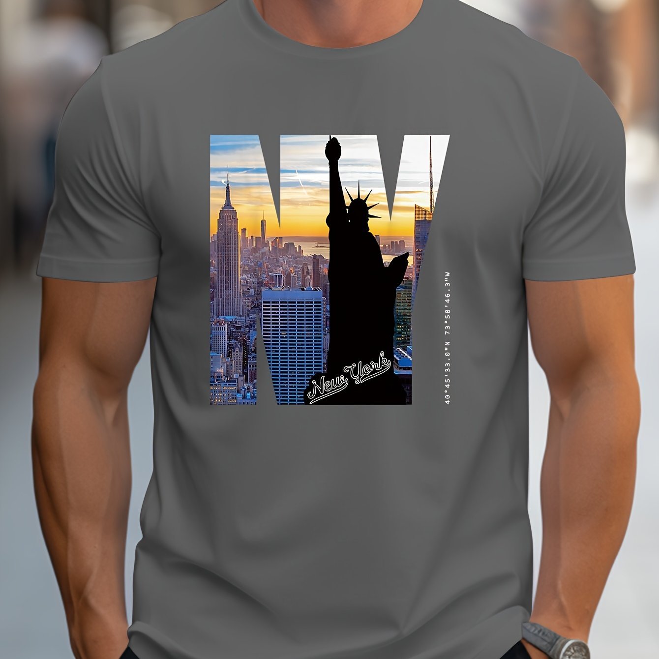 NY Pattern Printed Men's Creative Top, Casual Short Sleeved Round Neck T-shirt