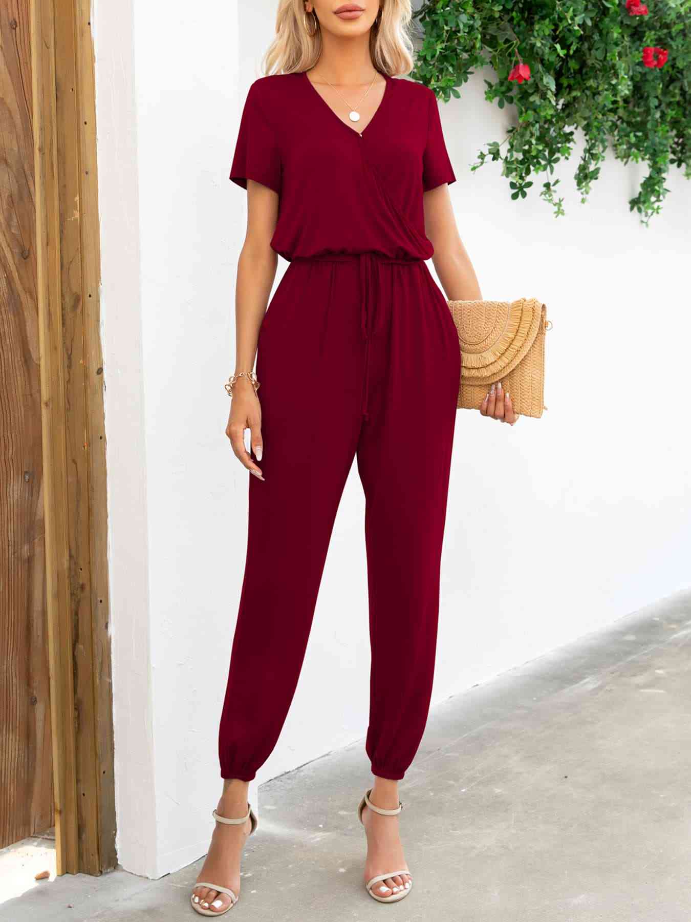 Short Sleeve V-Neck Jumpsuit with Pockets