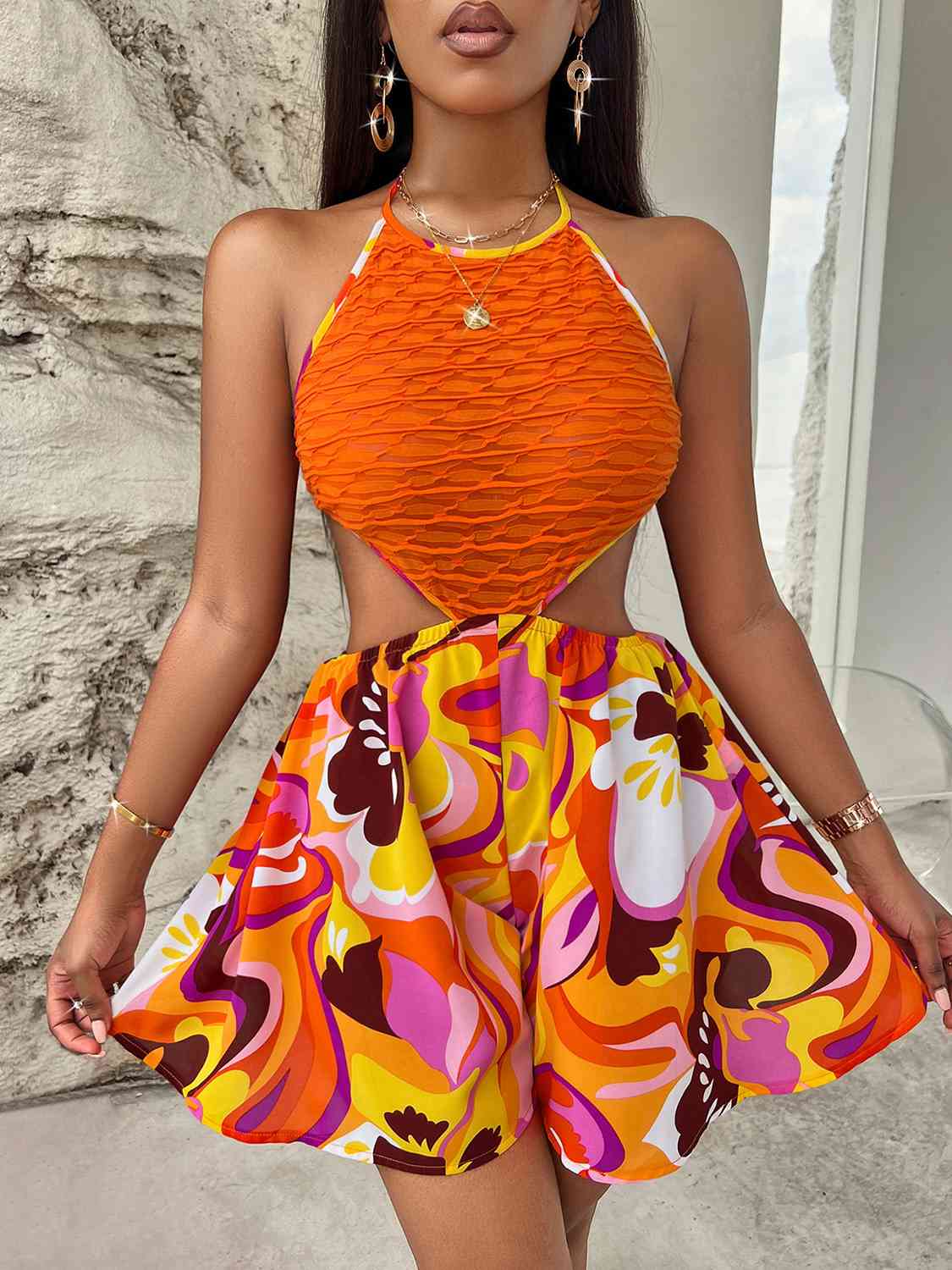 Sleeveless Cutout Printed Mini Dress