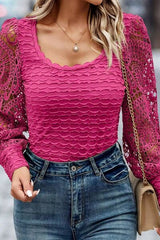 Openwork Scoop Neck Long Sleeve Blouse