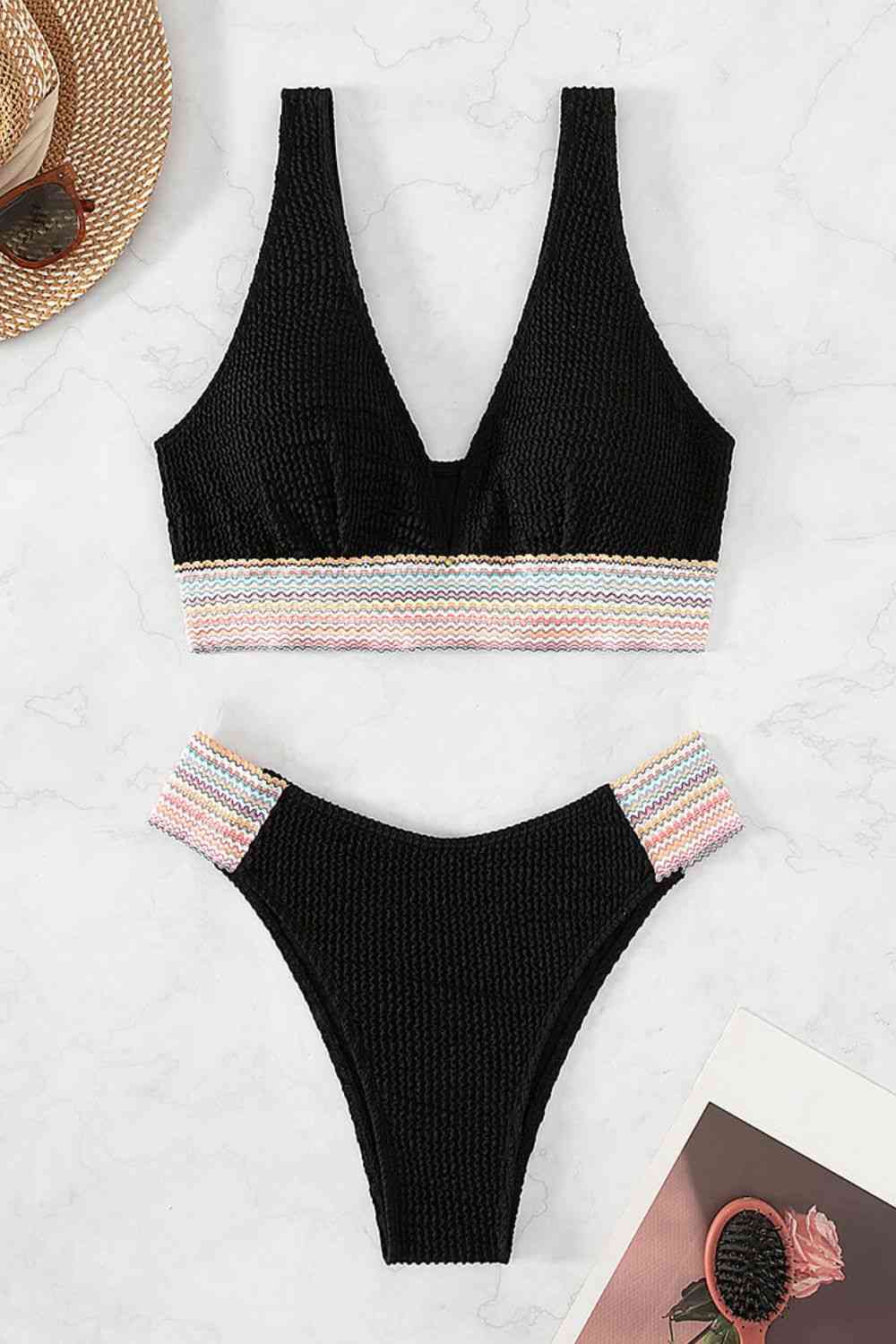 Contrast Textured High Cut Swim Set