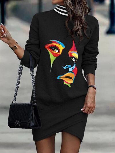 Printed Turtleneck Long Sleeve Mini Dress