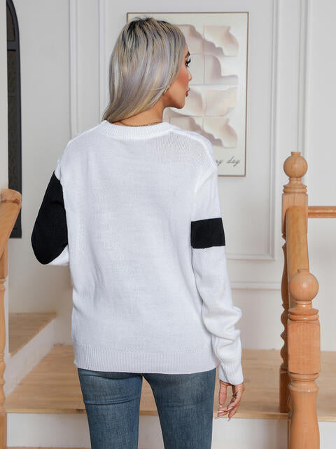 Color Block Cable-Knit Round Neck Sweater