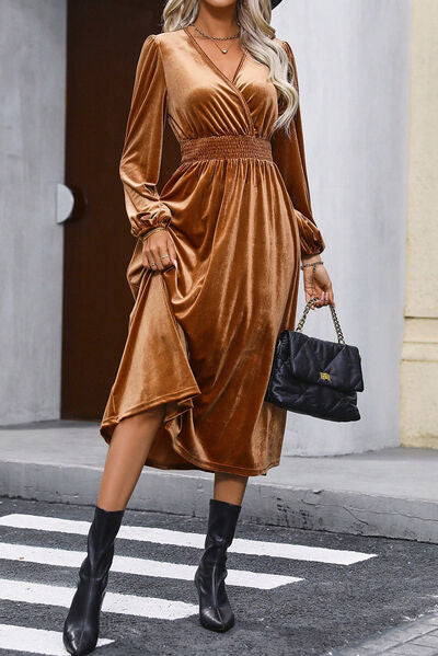 Surplice Balloon Sleeve Smocked Midi Dress