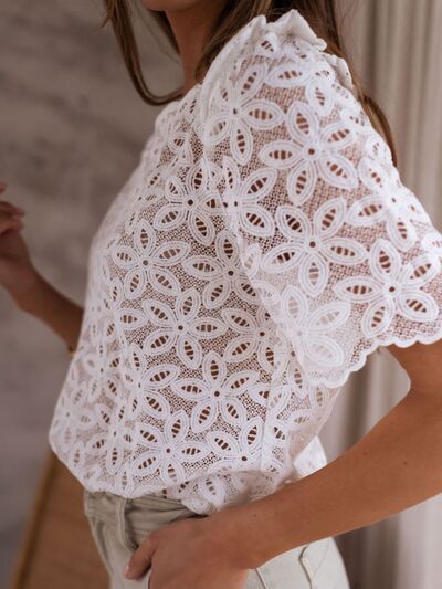 Openwork Round Neck Short Sleeve Blouse