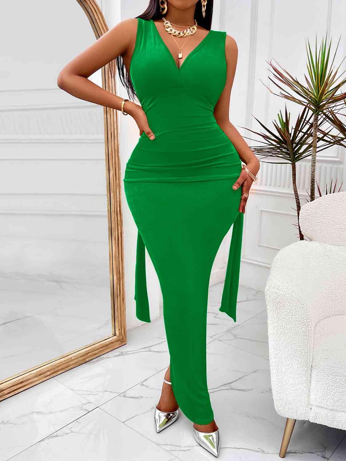 Backless Ruched Slit Maxi Dress